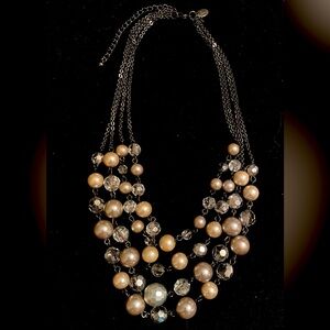 Vintage Lia Sophia Signed 4 Strand Gray Faux Pearls & Crystal Necklace
